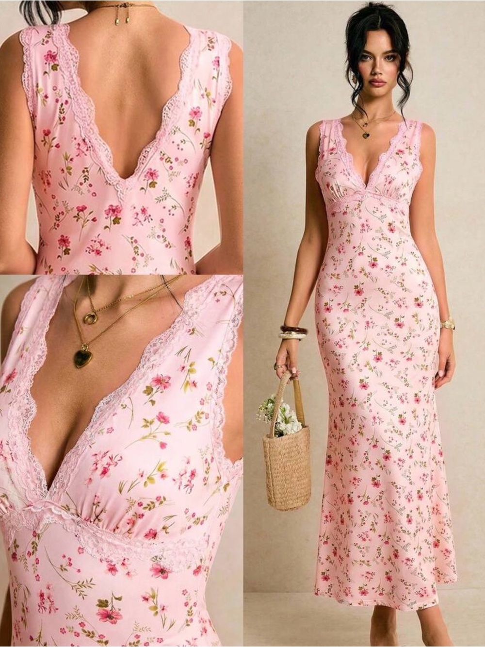 SHEIN Pink Floral Lace-Trim Maxi Dress